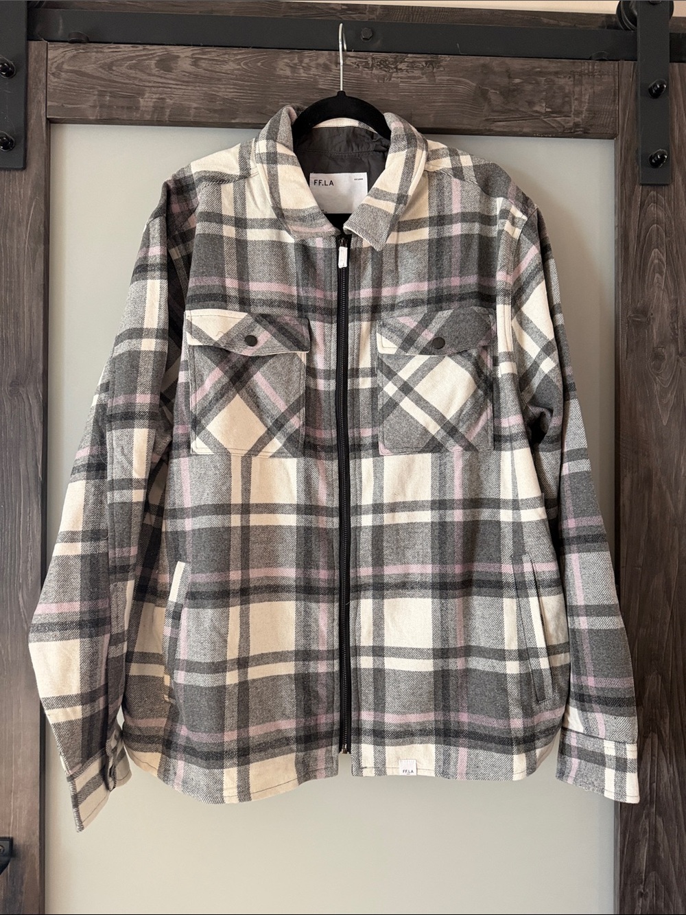 FF.LA Men's Gray, Cream & Pink Plaid Zip Shirt Jacket